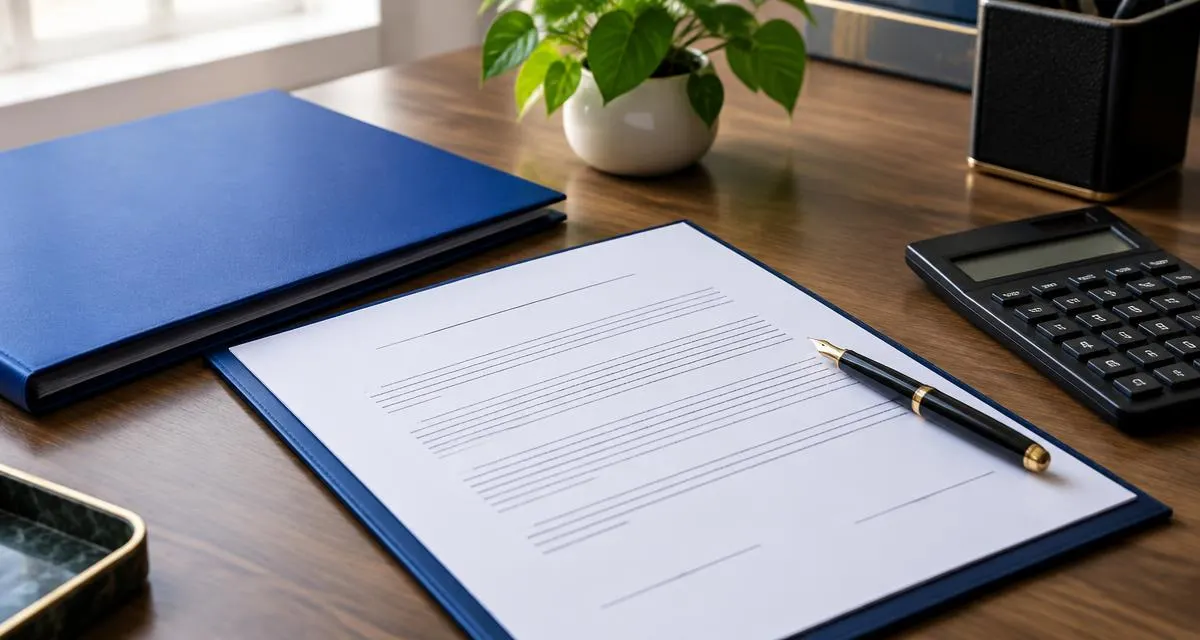 Contrato de consórcio, caneta e calculadora sobre a mesa