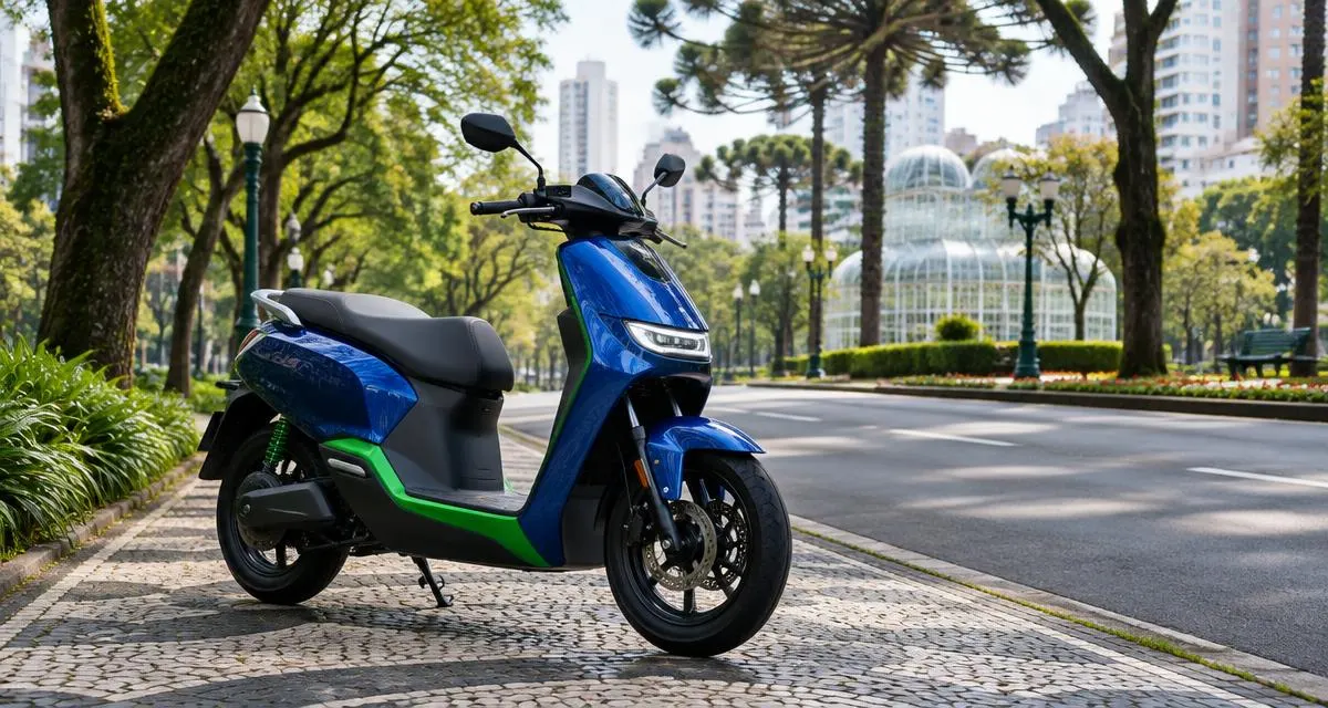 Scooter elétrica estacionada em rua arborizada da cidade